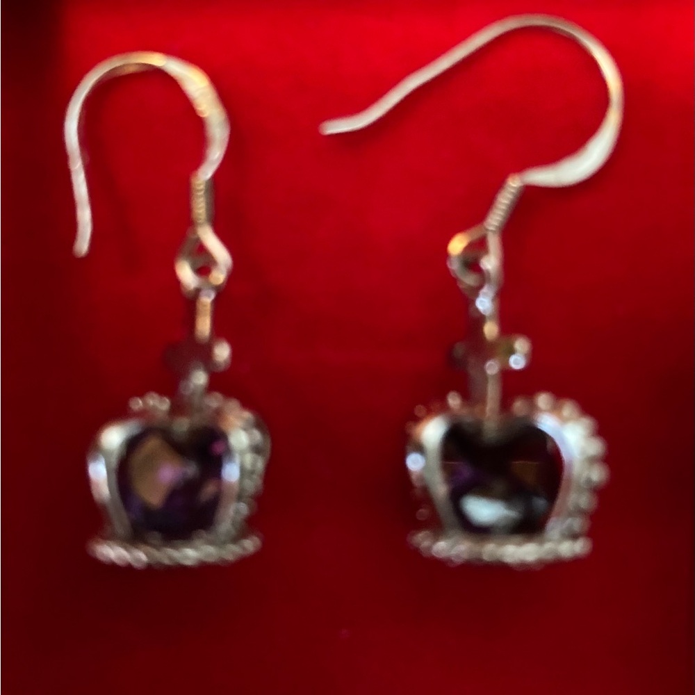 925 Silver Dangle Crown Earrings with Purple Jewels&Silver Toned CZ Bracelet - Picture 4 of 11